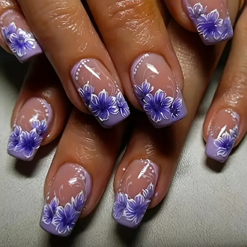 

24pcs Purple Flower Design Fake Nails Wearable Fashion Mid-length Ballet Fake Nail French Press on Nails Set Square Manicure Tip