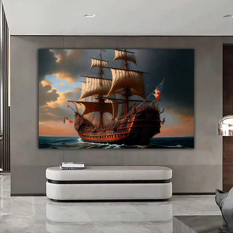 Vintage Spanish Galleon Pirate Ship Poster Boat Seascape Wall Art Canvas Painting Prints Pictures Home Living Room Decor Cuadros