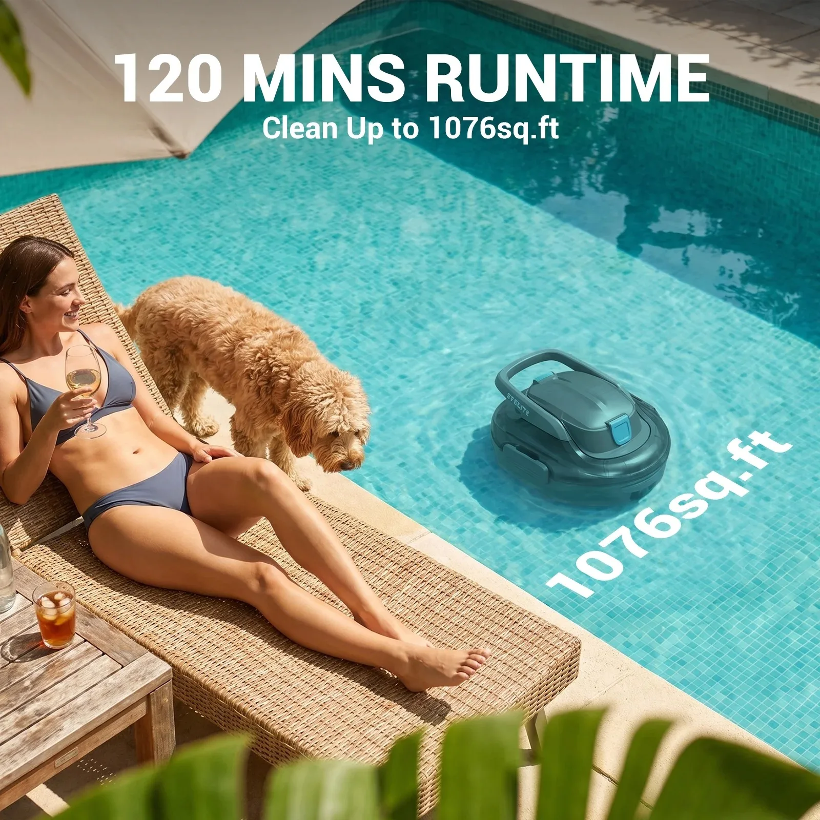 Deli Cordless Robotic Pool Cleaner 120 Mins Runtime Dual Filters Self Parking for Above Ground Pool Up to 1076 Sq Ft
