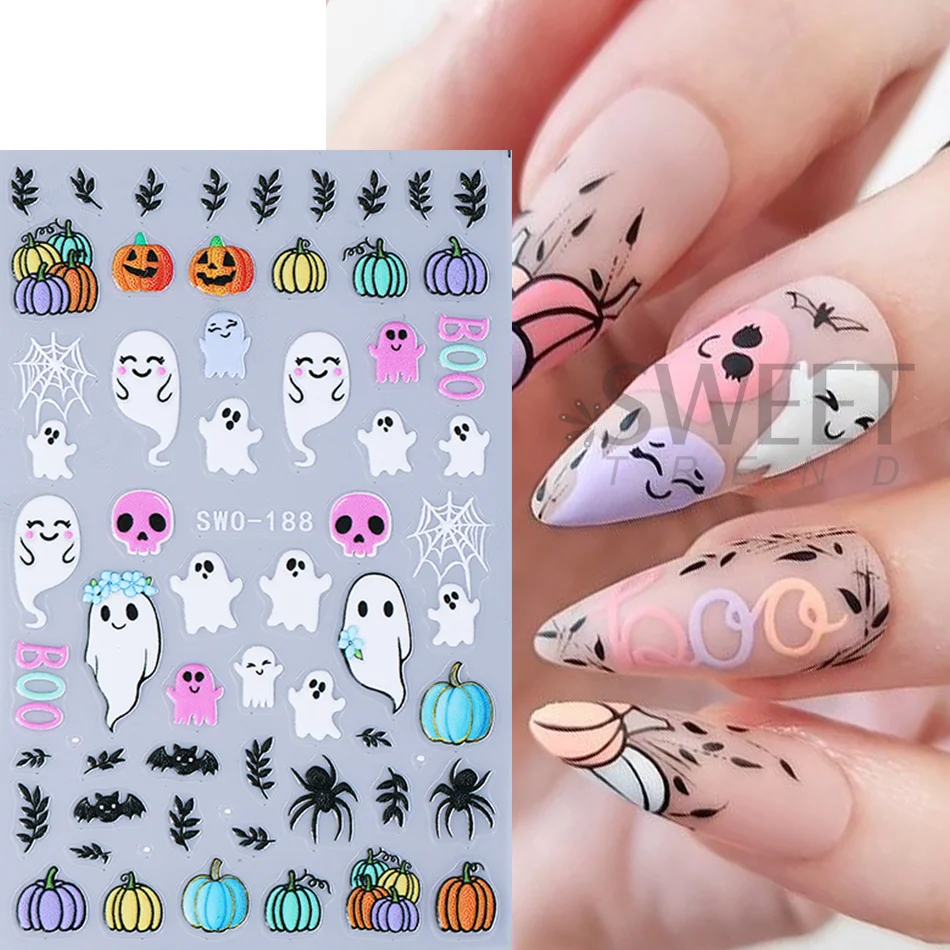 2pcs Halloween Nail Stickers Cute Cartoon Ghosts Pumpkin Skull Spider Web Star Nail Decals DIY Holiday Party Manicure Decoration