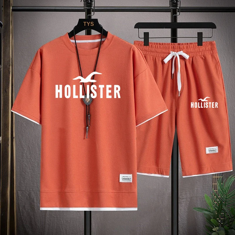 Новинка лета 2024, модный костюм из футболки с коротким рукавом Hollister, мужской повседневный свободный удобный высококачественный комплект из