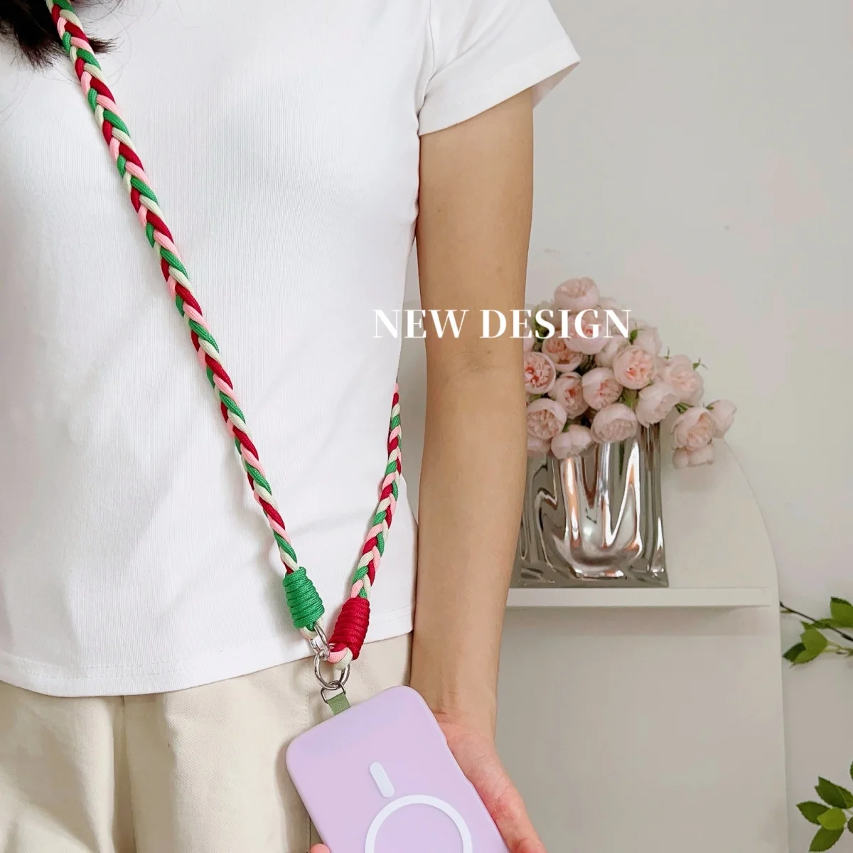 Cordón de teléfono de cuatro hebras tejido hecho a mano, cordón cruzado largo + espaciadores de conexión de funda de teléfono, 1 ud.