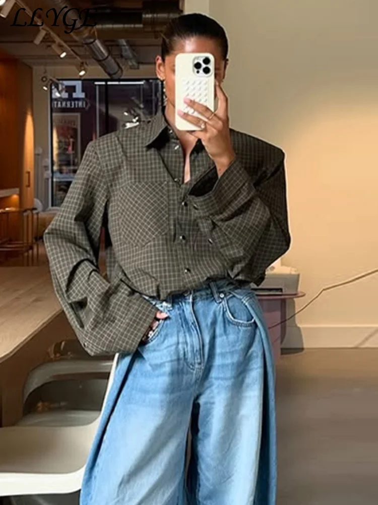 Elegant Women's Green Plaid Shirts Loose Lapel Single Breasted Pockets Full Sleeve Female Blouses 2026 Autumn Lady Casual Tops