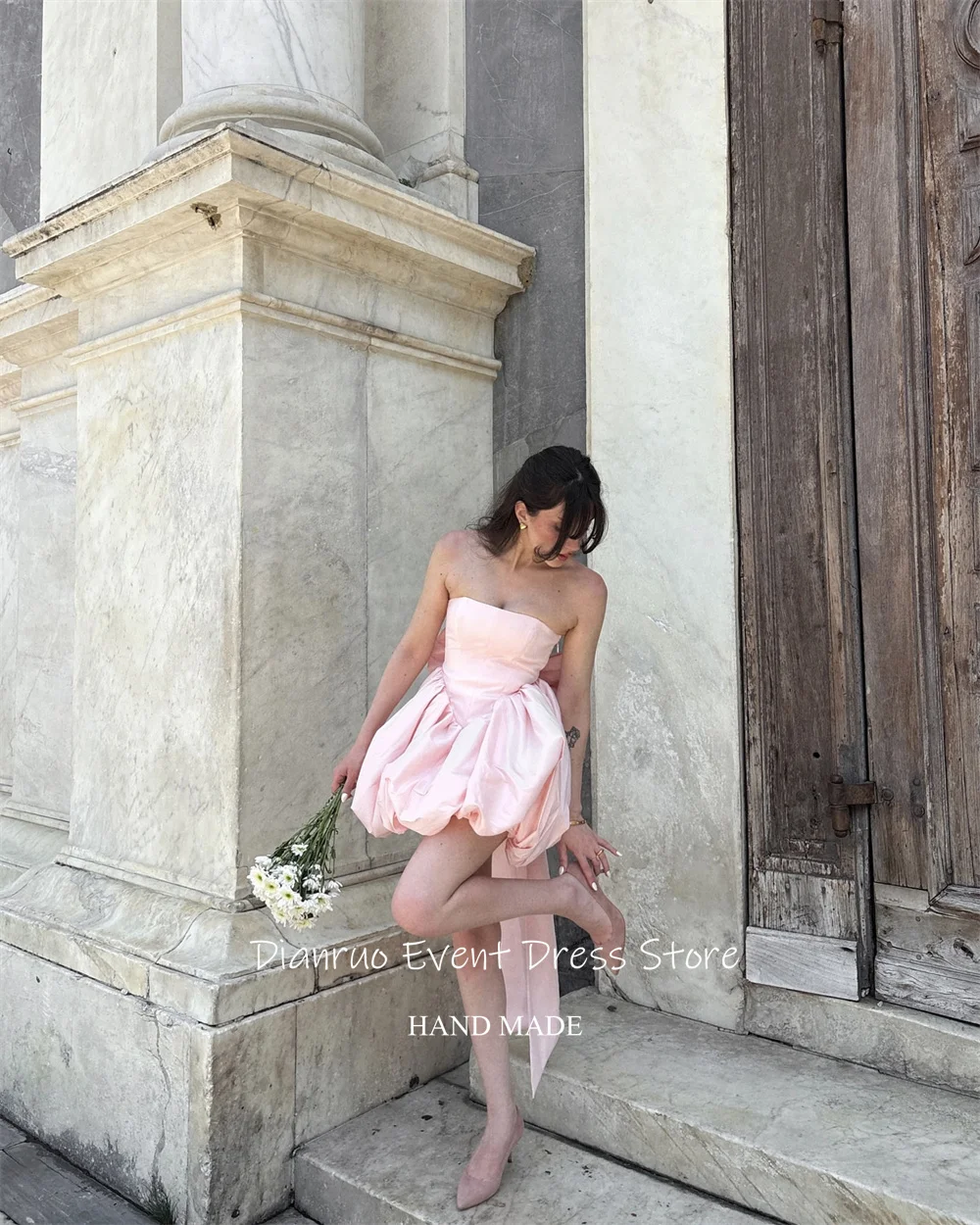ディアンルオ ミニ Aライン イブニングドレス ピンク ストレスレス パフ サテン ローブ ド ソワレ 大きなリボン レースアップ ドレス レディース カスタムメイド