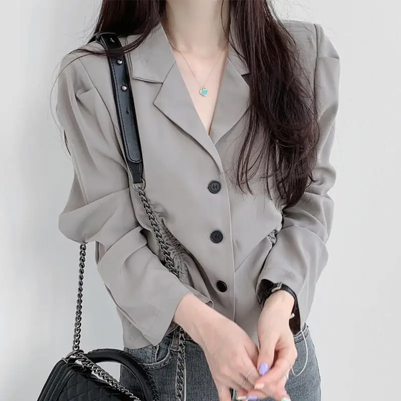 Fashion Lapel Solid Color Loose Shirring Shirt Women\'s Clothing 2023 Spring New Casual Tops All-match Office Lady Blouse