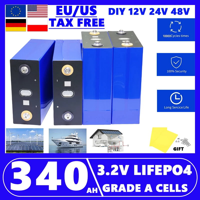 

Grade A 3.2V 340AH 320Ah Lifepo4 Rechargeable Battery 10000 Cycle DIY 12V 24V 48V RV EV Boat Golf solar energy camping duty-free