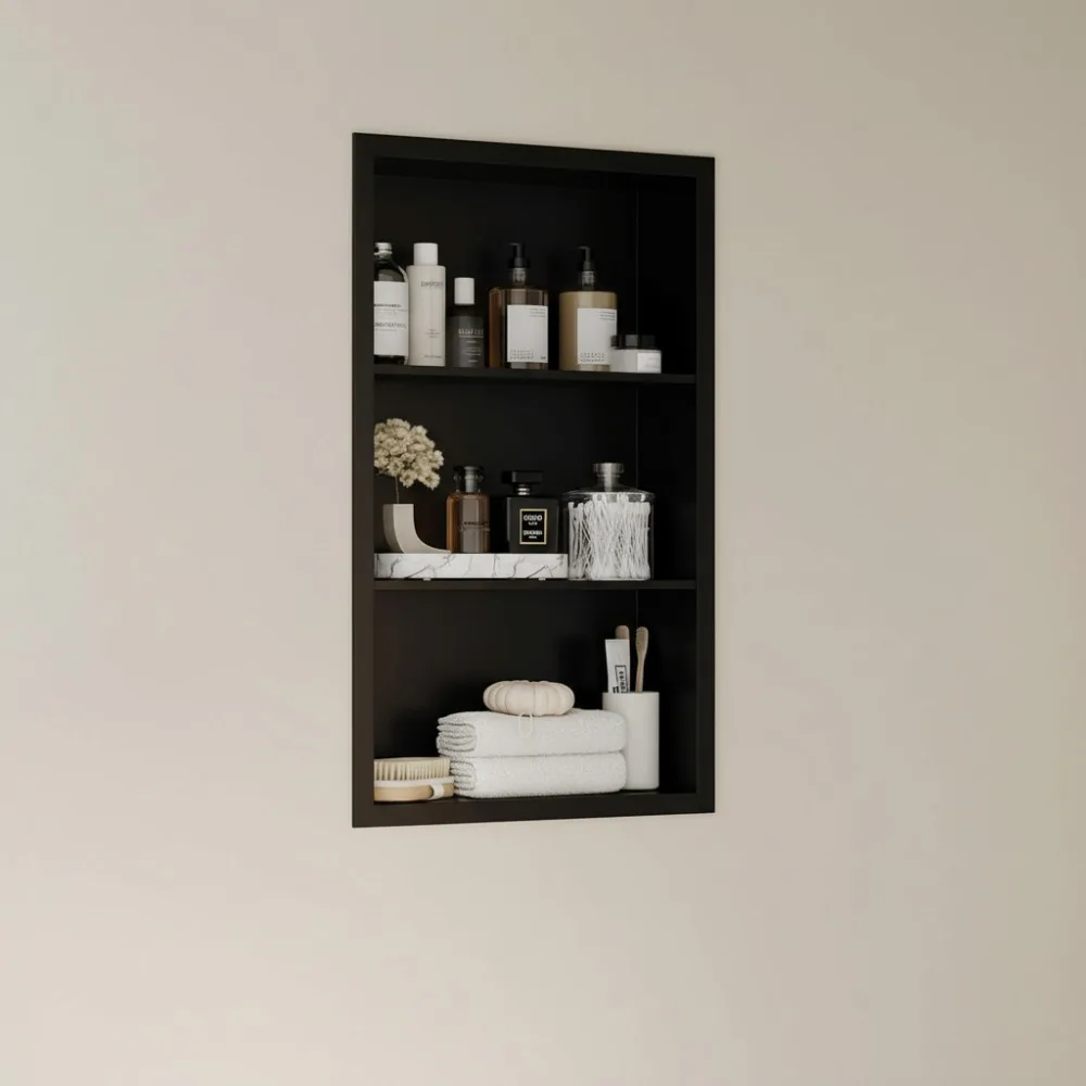 خزانة أدوية مجوفة مقاس 14 × 24 بدون مرآة، مكانة جدارية من الفولاذ المقاوم للصدأ 304 مع أرفف من 3 طبقات، أسود غير لامع للحمام الصغير