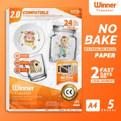 WinnerTransfer-No-Bake Light Waterslide Transfer Paper, adesivo de água imprimível, decalques para laser, impressora jato de tinta, vidro, vela