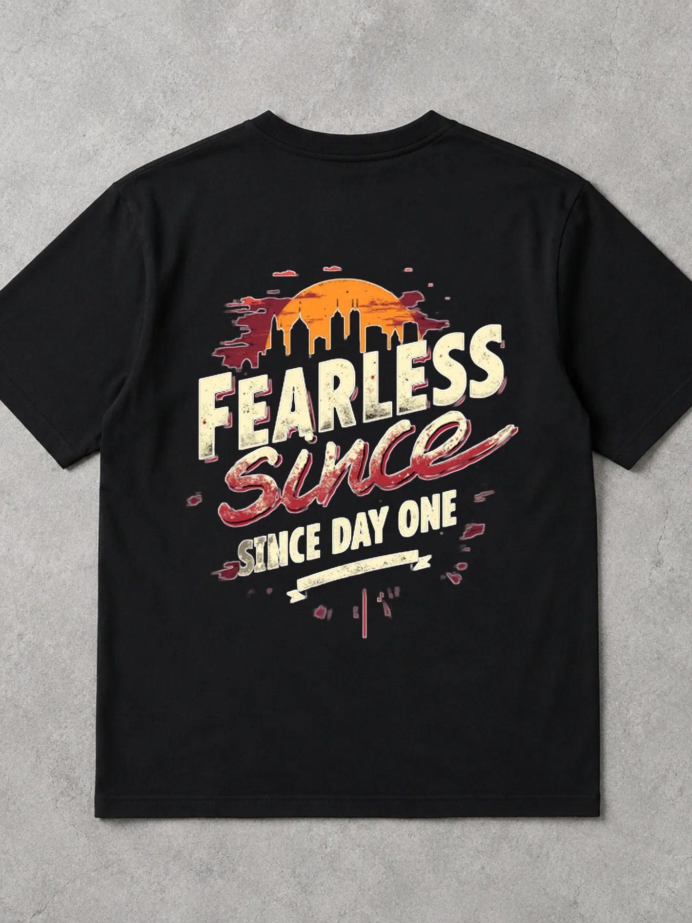 Men'S Retro Graphic Tee Summer Casual Loose Fit Fashion Shirt Printed With Fearless Since Day One And City Skyline Under Sunset