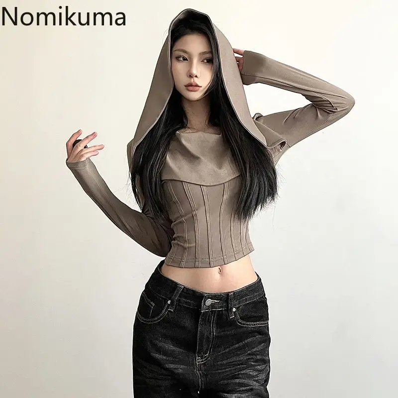 Camiseta Harajuku Y2k para Mujer, Túnica de manga larga con capucha, Color sólido, moda coreana Sexy, 2024