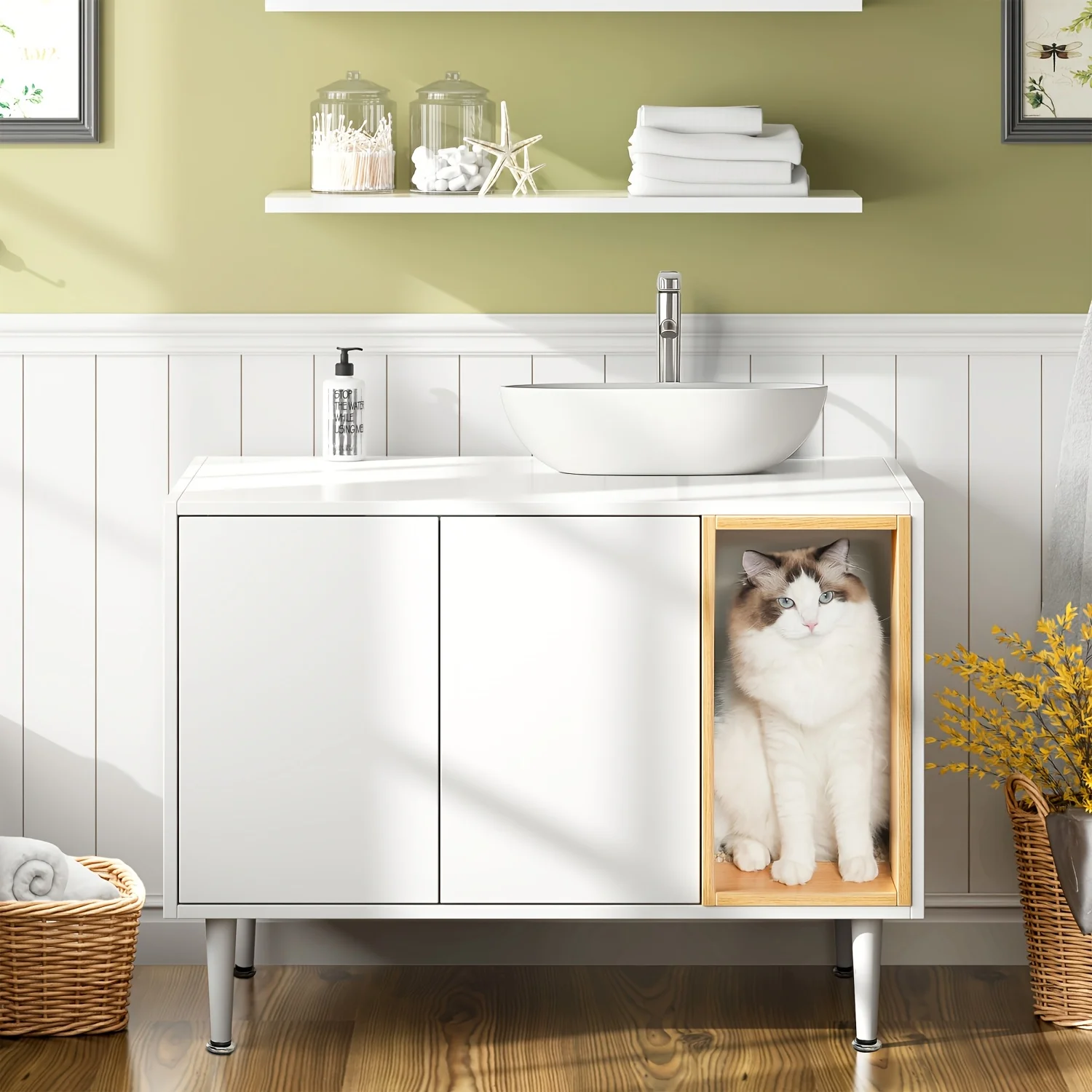 Space-Saving White Wooden Bathroom Sink Cabinet with Hidden Cat Litter Box Enclosure - Modern Design for Large Cats, Durable Met