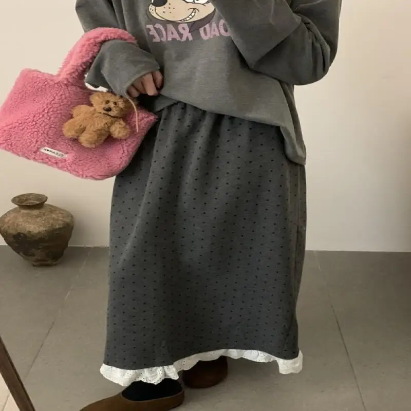 Gonna da donna Autunno e Inverno Gonna a pois in pizzo Donna 2025 Inverno Nuovo stile Gonna dritta in lana ispessita vintage in pile