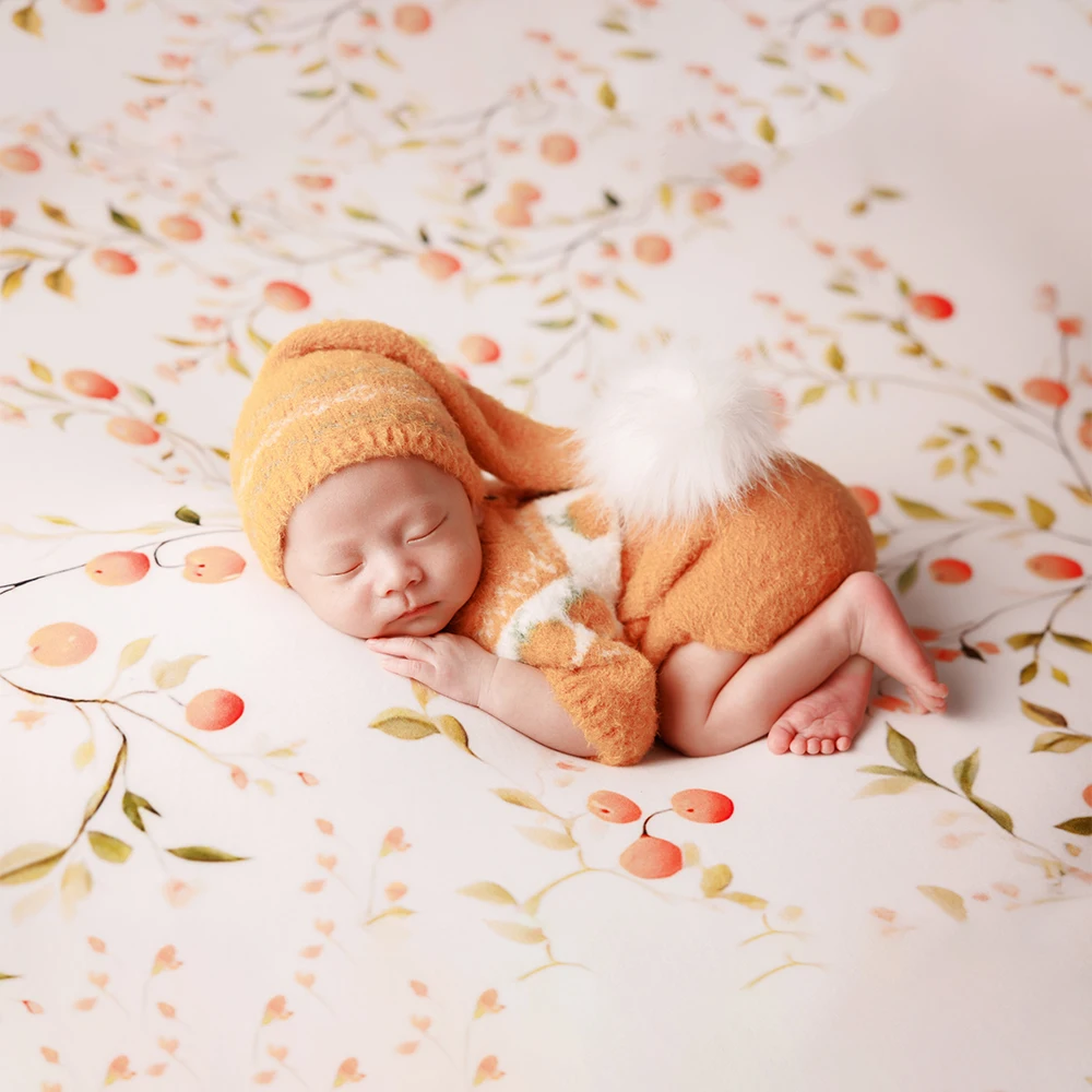Newborn Photography Props Bundle Orange Knitted Baby Romper White Plush Teddy Bear Doll for Baby Photo Studio Autumn Theme Shoot