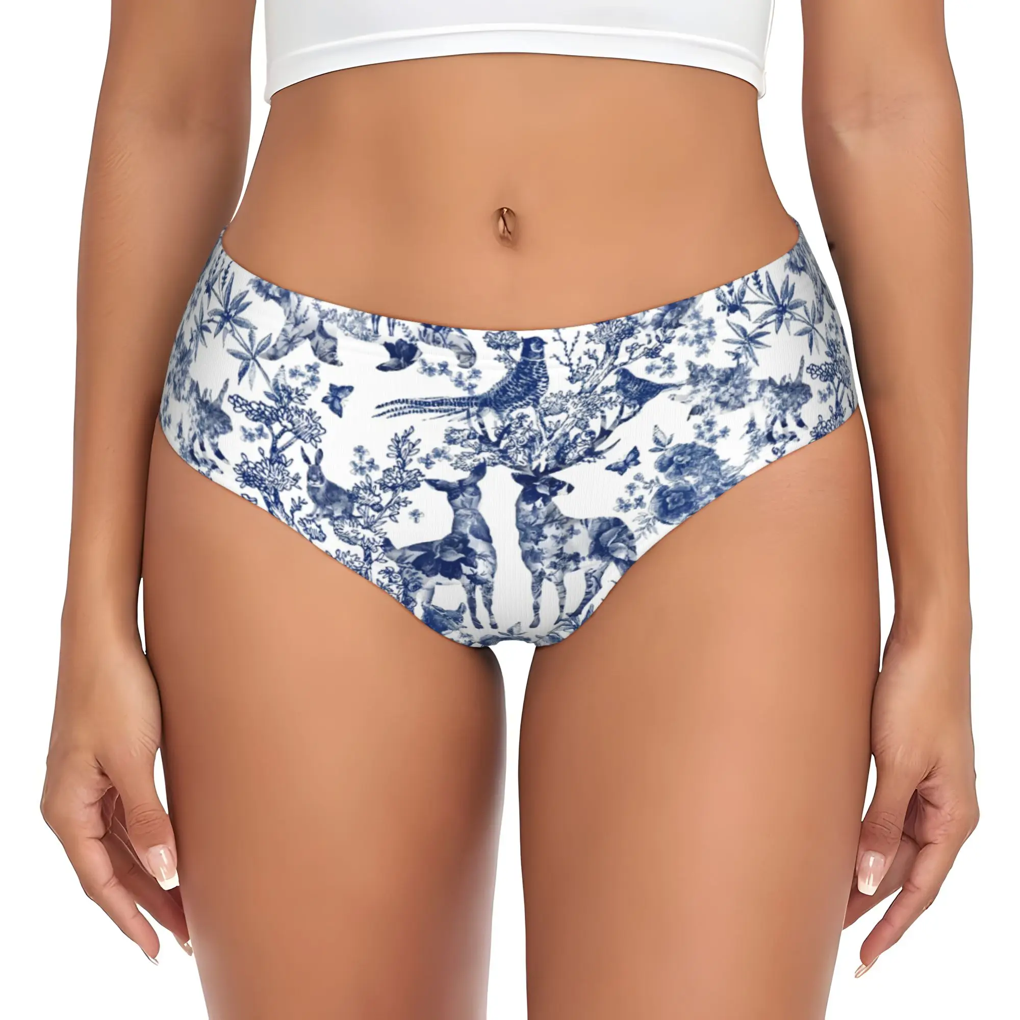 Womens Vintage French Toile De Jouy  Brief Panties Female Stretch Floral And Animal Forest Indigo Pattern  Underwear Underpants