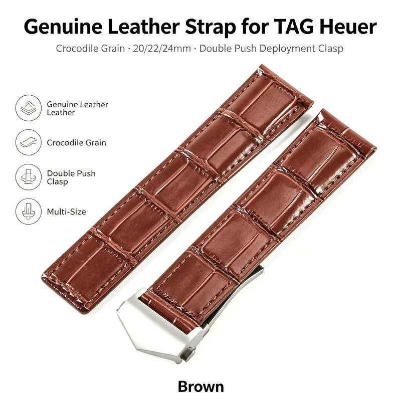 20mm 22mm 24mm Premium Leather Strap for TAG Heuer Brown Crocodile Grain Double Push Deployment Clasp Men Replacement Watch Band