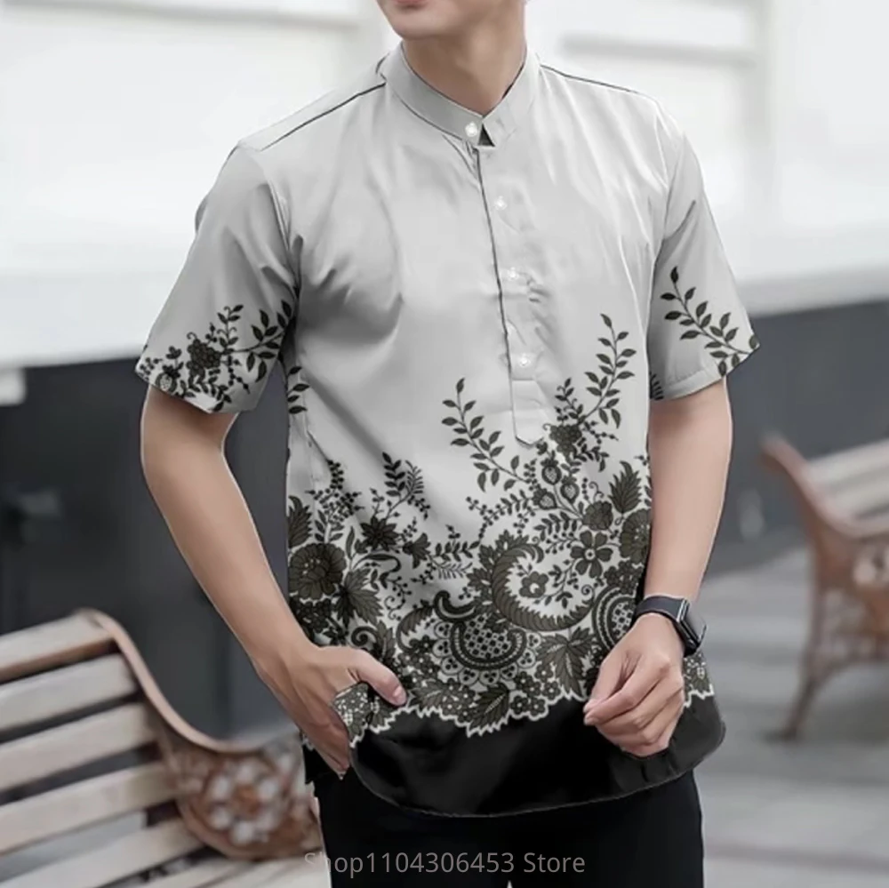 

2025 New Men's Simple Retro Stand-up Collar Short-sleeved Shirt Ethnic Plant 3D Printing Casual Fashion T-shirt Vacation Outdoor