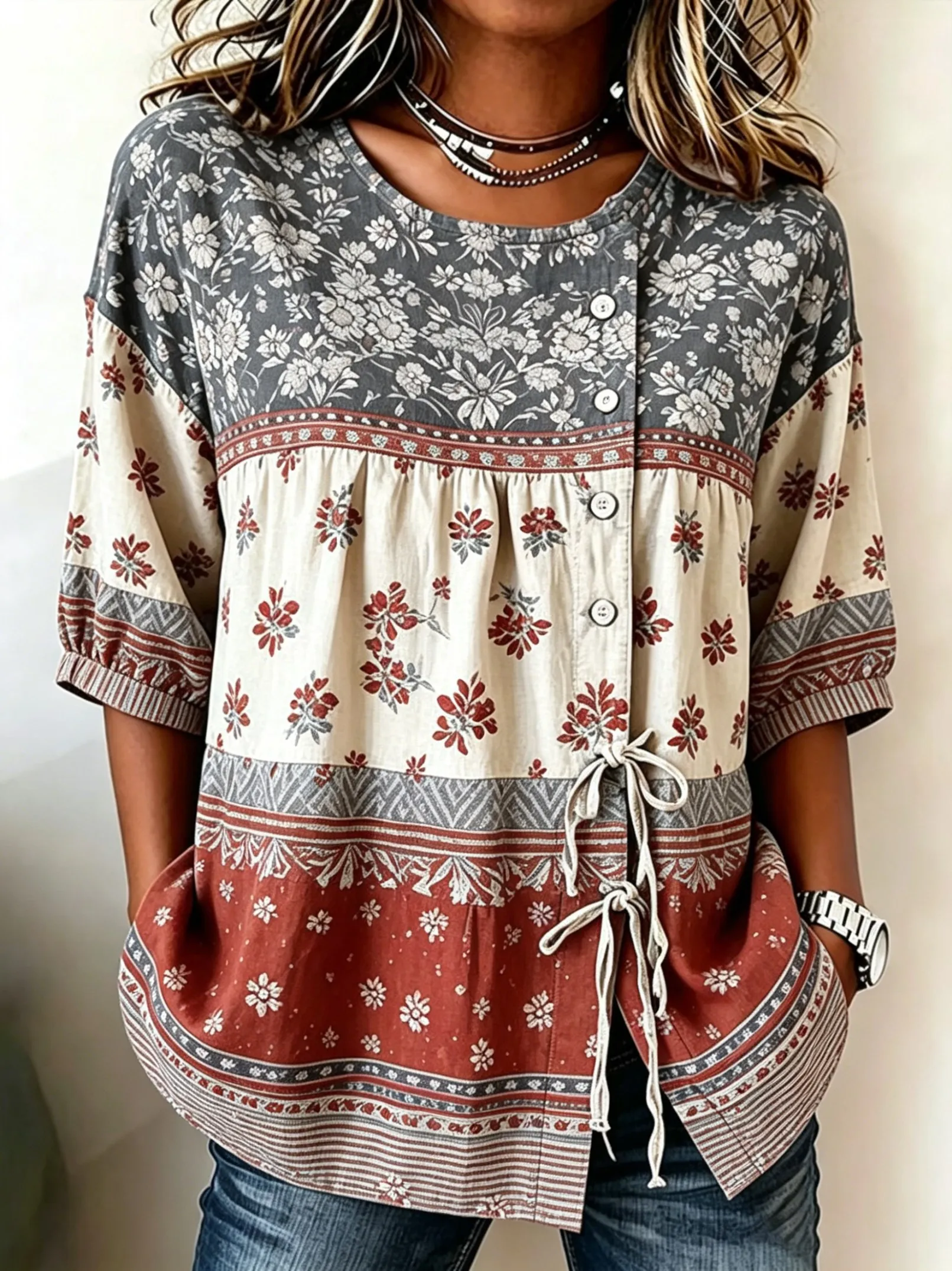 Women's Boho Floral Colorblock Drawstring Button Up Blouse, Casual Round Neck Tops for Spring Summer Daily Vacation Wear