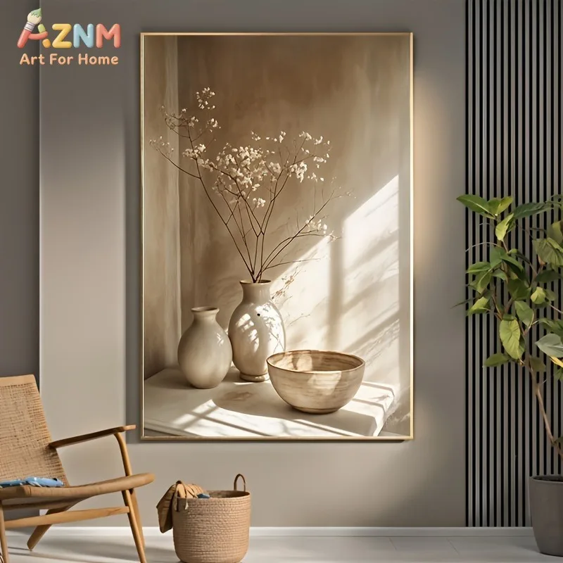 AZNM Neutral Wabi Sabi Still Life Canvas Wall Art Ceramic Vase Baby Breath Sunlight Shadow Beige Tone Print Unframed Canvas Pain