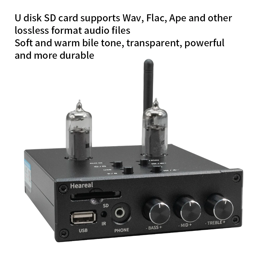 Amplificateur Audio HiFi Bluetooth 5.0 6J5/6K4, préampli pour écouteurs, avec réglage des basses, entrée USB SD