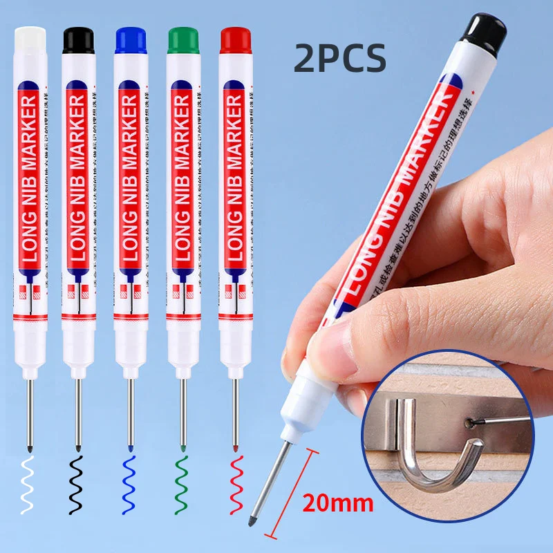2Pcs Multi-purpose Long Nib Markers Pen White/Red/Black/Blue/Green Ink for Woodworking Tile Decoration Deep Hole Marker Pens