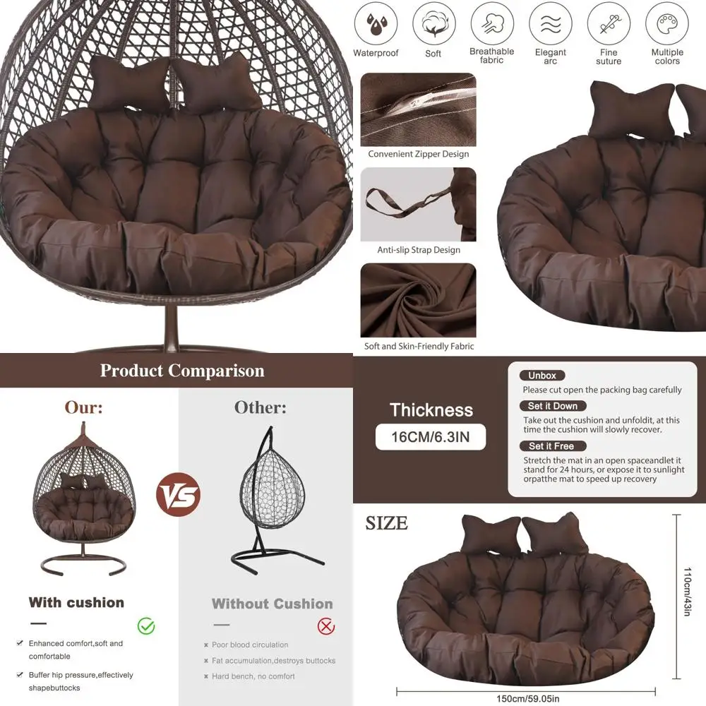 

2-местная подушка для уличного стула-качели, 59x43 дюйма, пена с эффектом памяти 6,3 дюйма, привязанные углы