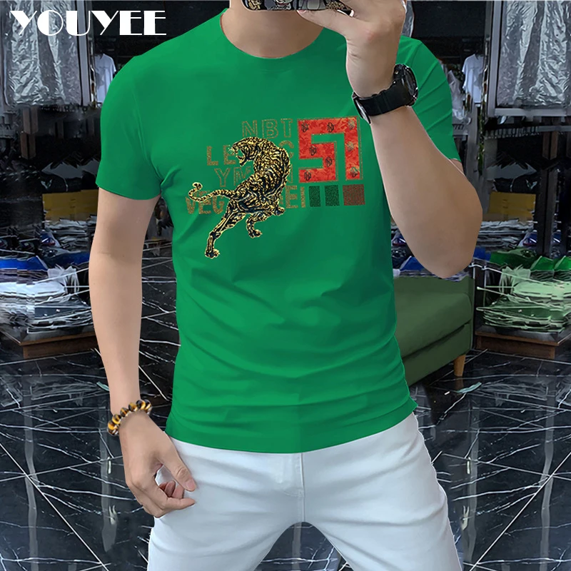 Fashion Men T-shirt Printed Hot Diamonds Leopard Man Top 2022 Summer New Designer Mature Male Handsome Tees Men’s Yellow Clothes