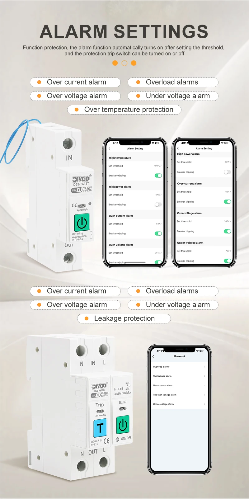 DIY GO TUYA 2P Leistungsschalter WIFI Smart Switch 1-63A Energiezähler Spannungs- und Stromüberwachung Leckageschutz Relais-Abschaltung L+N – Detail 3