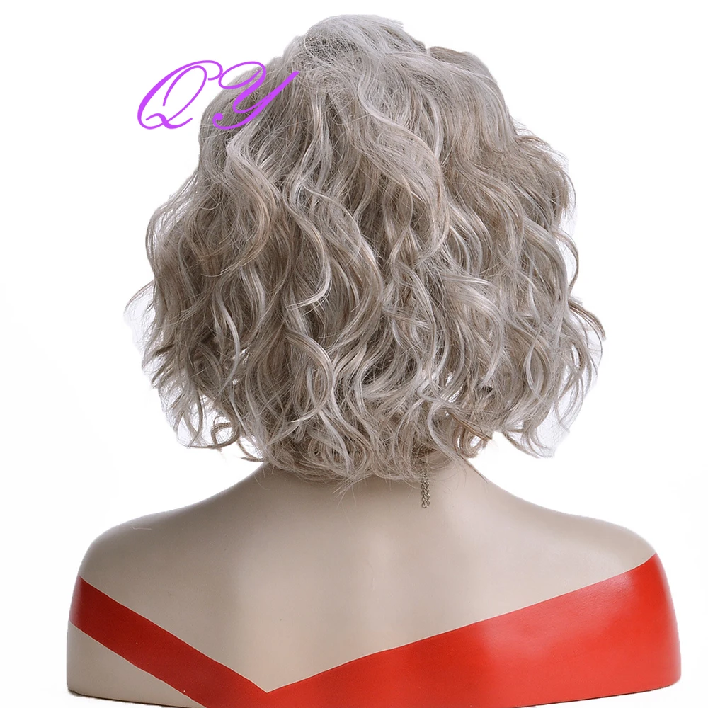 Synthetic Short Black Silver Grey Wave Curly Women Wig With Middle Part Cosplay Costume Natural  Hair Wigs