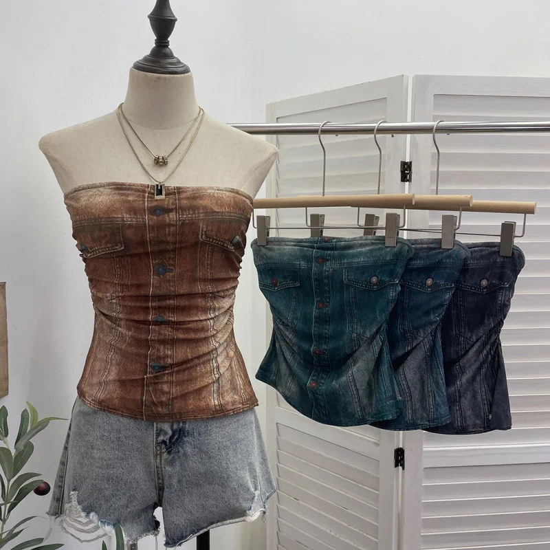

Denim Pattern Tie-dye Printed Mesh Y2k Spice Girl Tube Top Strip Strapless Vest Short Top Women