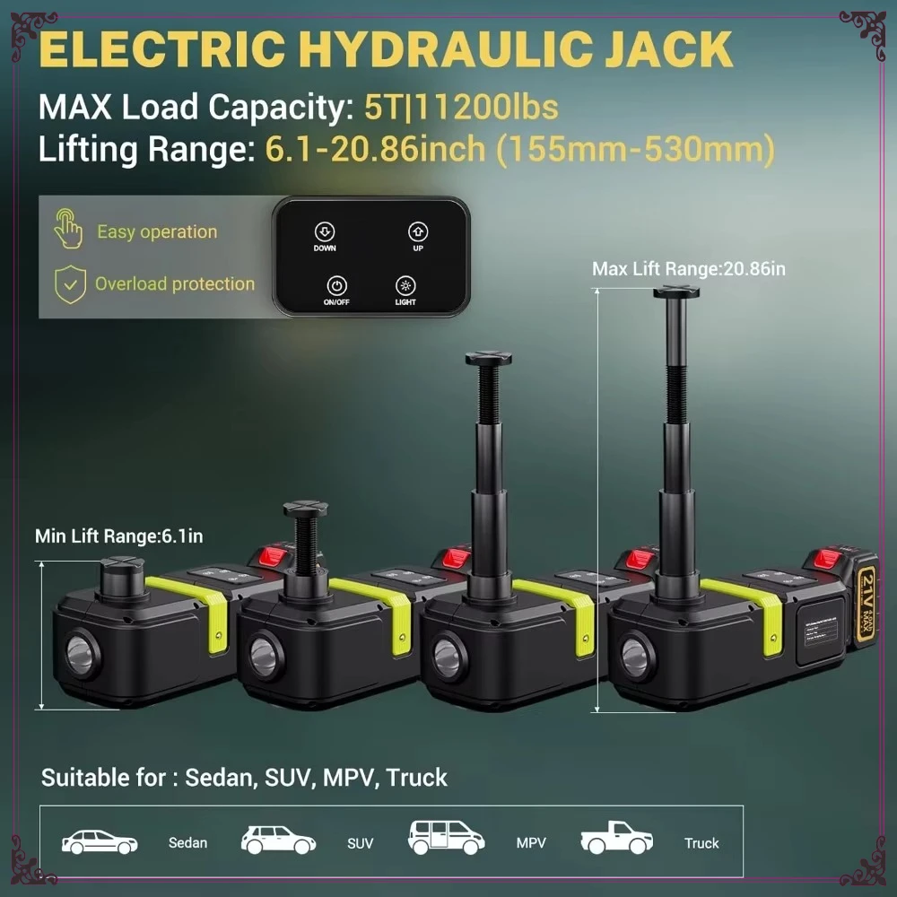 All-in-One 5-Ton Electric Hydraulic Jack Kit. Cordless Portable Design with Lithium Battery for Quick Tire Change.