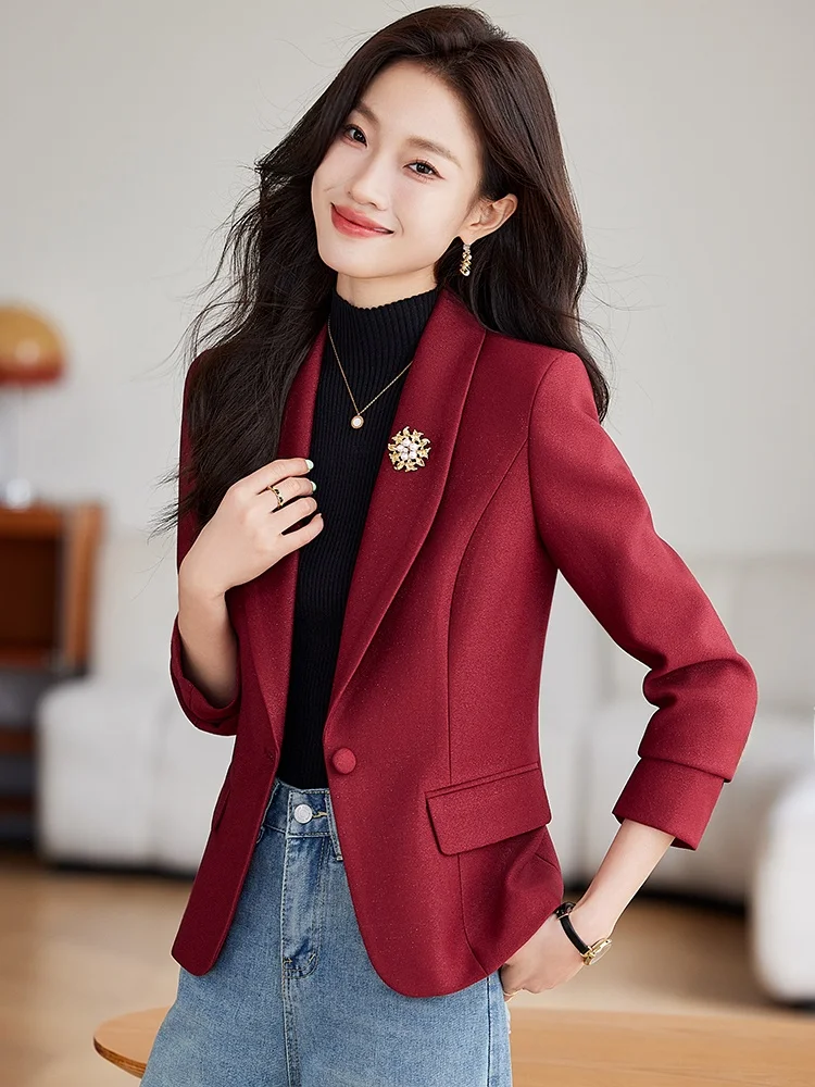 

Elegant Wine Red Suit Jacket Women's Slim Fit Spring Autumn 2026 New Style Small Size Ladies' Western Style Top