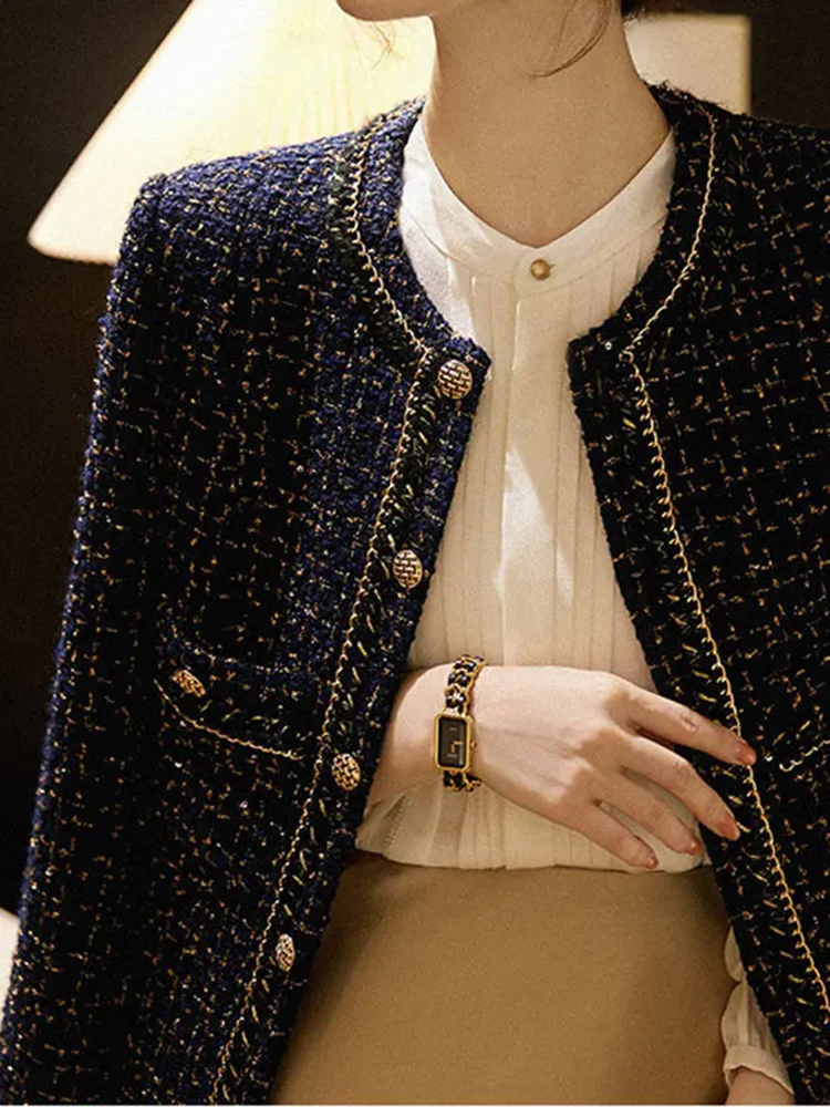 سترات نسائية قصيرة فضفاضة برقبة دائرية من التويد معاطف كورية غير رسمية واحدة الصدر مقصوصة بلوزات أنيقة سوداء طويلة الأكمام Abrigos Blusas