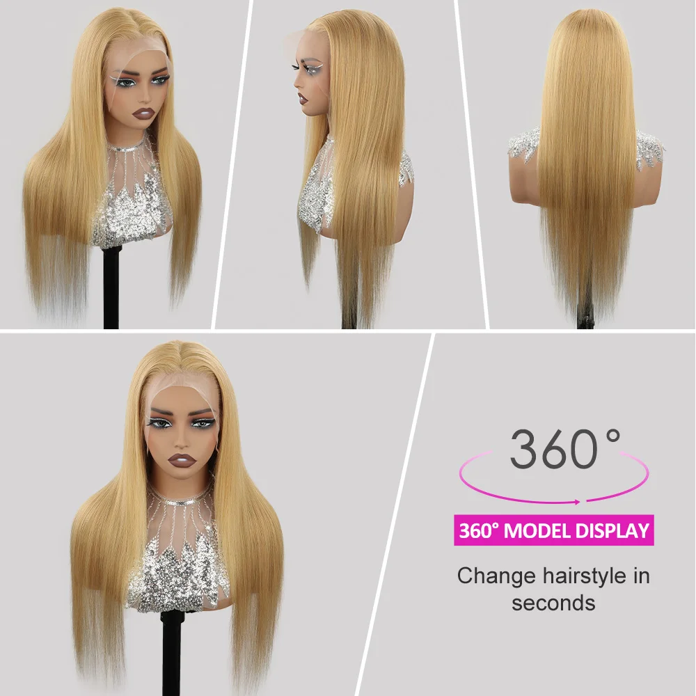 #27 Honey Blonde Glueless Drawstring Human Hair Wig 13X4 Hd Transparent Lace Frontal Wig Straight Brazilian Lace Human Hair Wigs