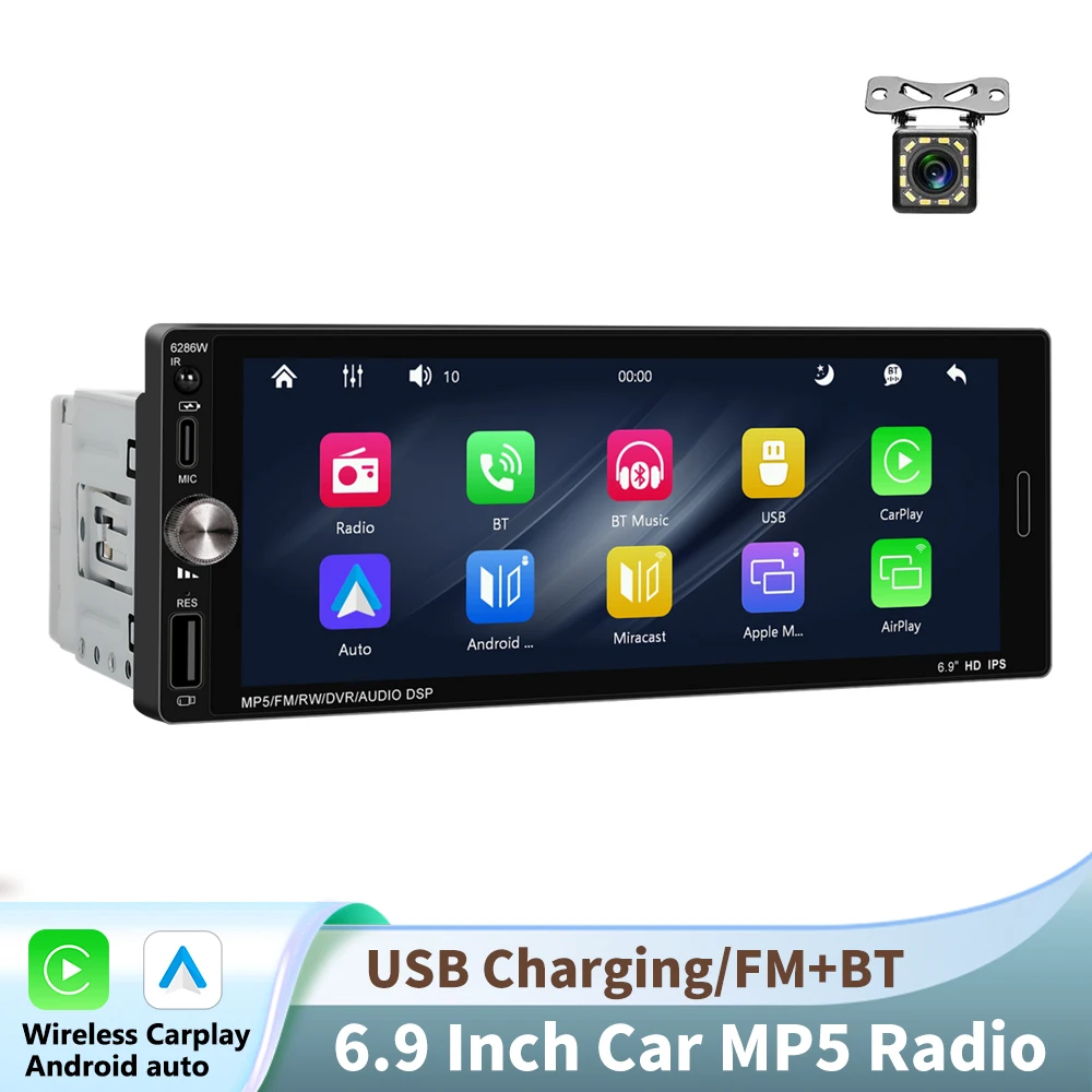 Podofo 6.9" draadloze CarPlay universele MP5-speler USB BT multimediaspeler audio stereo Mirrorlink FM EQ MP5 autoradio AUX