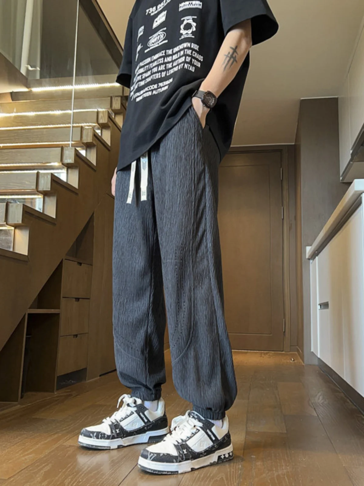 

Ice Silk Men's Summer Thin Straight Leg Drapey Wide Leg Casual Long Pants Loose Large Size Sports Trousers Faionable Brand