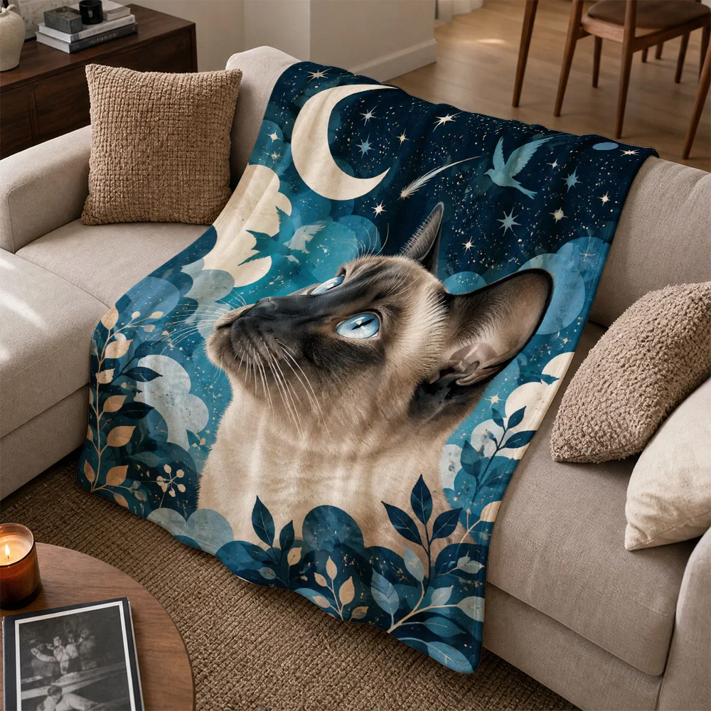 Aesthetic Celestial Cat Throw Blanket Starry Night Moon Forest Boho Pattern Sofa Cover Decoration Witchy Vibes Luxury Pet Lover