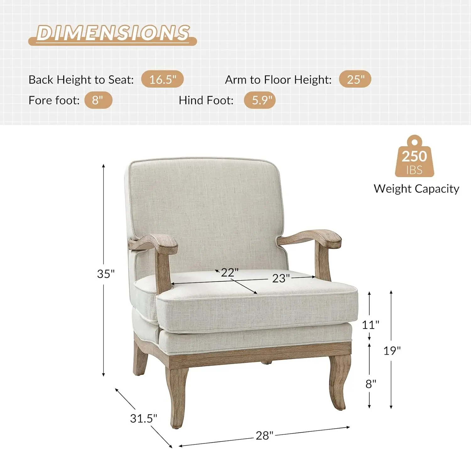 Ivory Mid-Century Modern Upholstered Living Room Lounge Chair with Romantic Stripes and Solid Wood Legs
