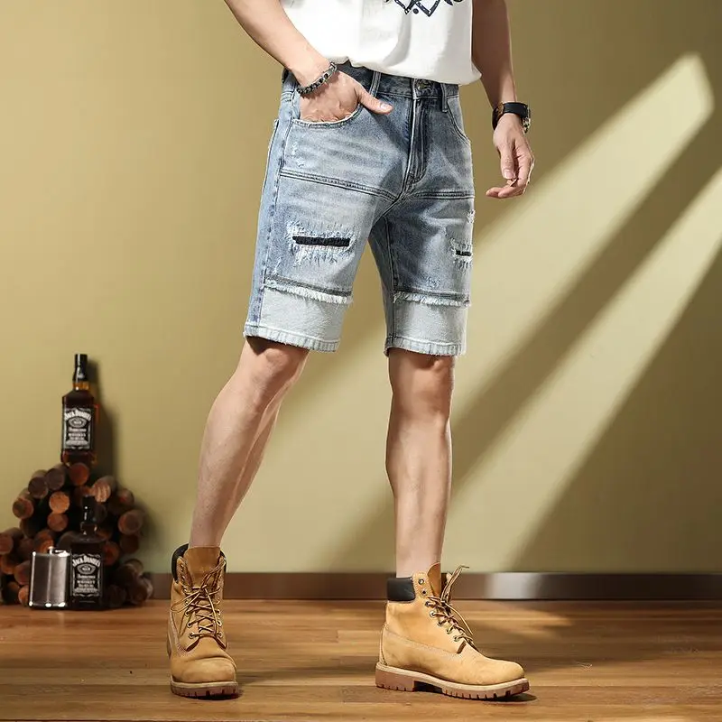 New Personalized ripped Scratched and Handsome 2023 Versatile Men's Denim Mid pants  knee length jeans shorts cargo pants men