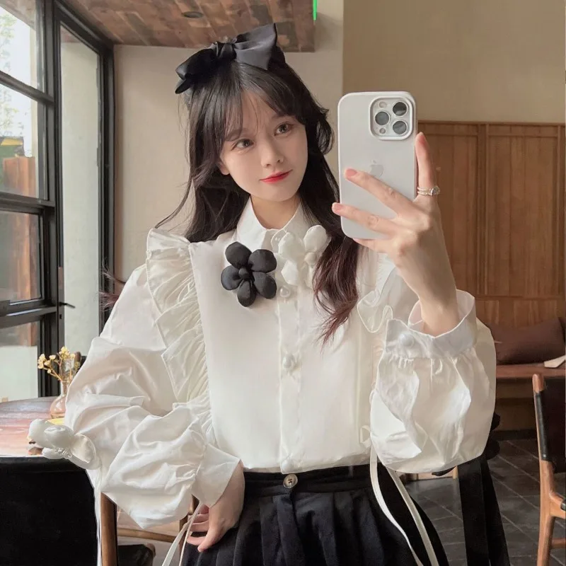 

Frill Female Tops Ruffle Novelty 2025 Cute Elegant Fashion Korea Stylish Vintage Youthful Basic White Women's Shirt and Blouse