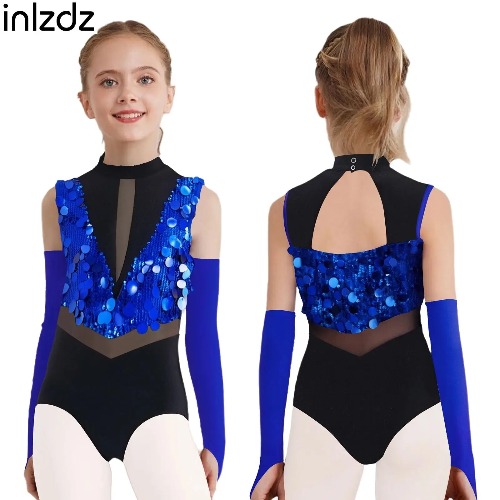 

Kids Girls Shiny Sequins Jazz Latin Dance Outfit Gymnastics Stage Performance Dancewear Sleeveless Athletic Leotard+Gloves Sets