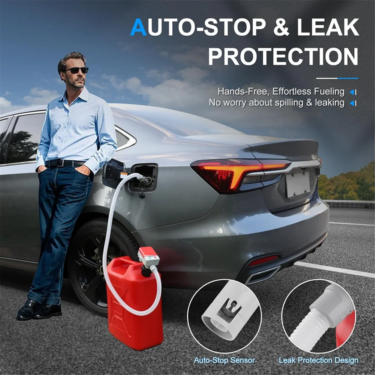 

A002 Fuel Transfer Pump with Auto-Stop Sensor and 3 Tank Adapter, 2.4GPM 51inch Hose Battery-Powered Portable Liquid Pump