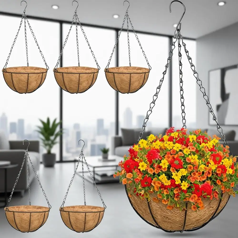 

6 Pack 12 Inch Round Metal Hanging Planter Baskets with Coconut Liners, Suitable for Indoor and Outdoor Plants