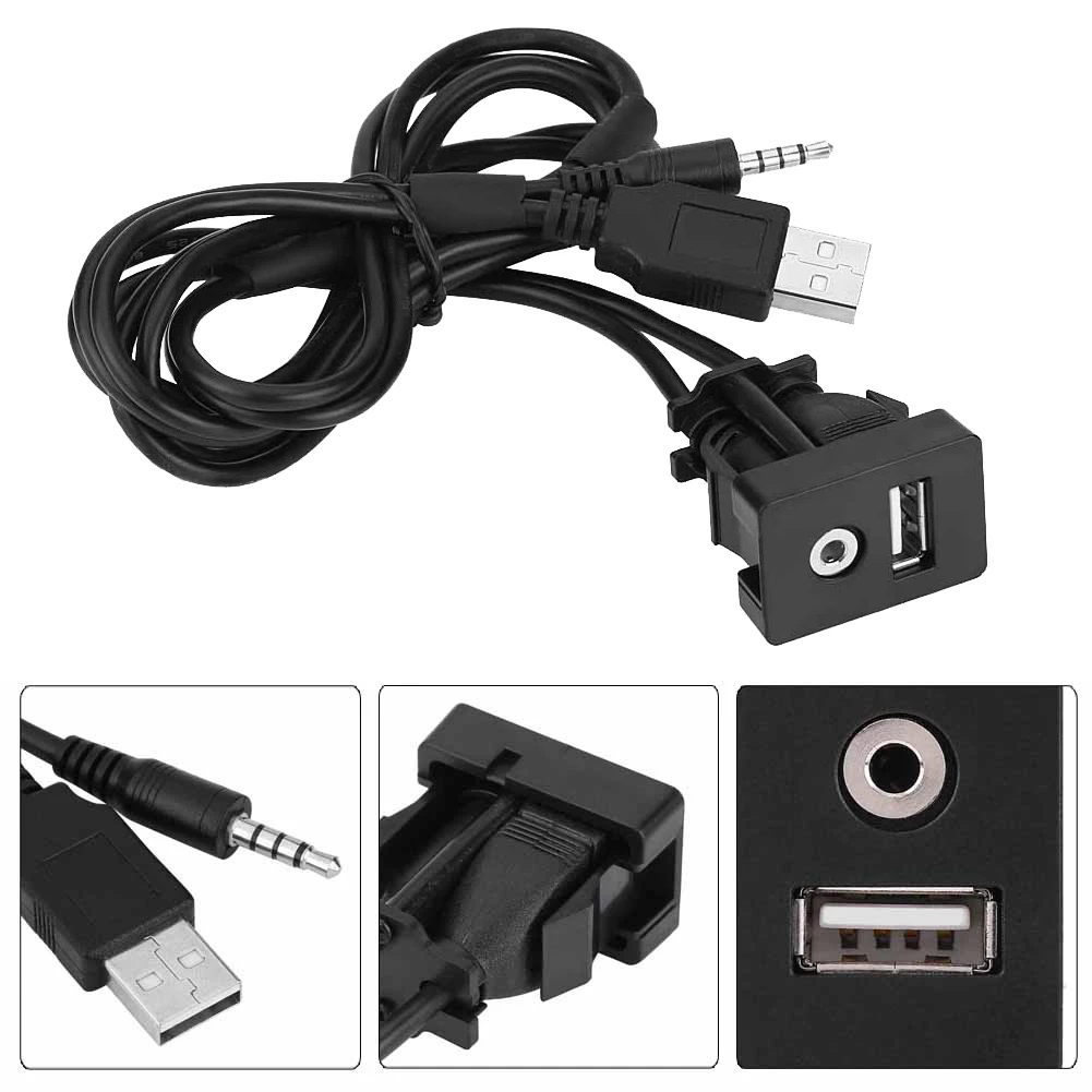 Car Boat Dash Flush Mount USB Port 3.5mm AUX Jack Extension Cable Lead Mounting Panel Jack USB Cable