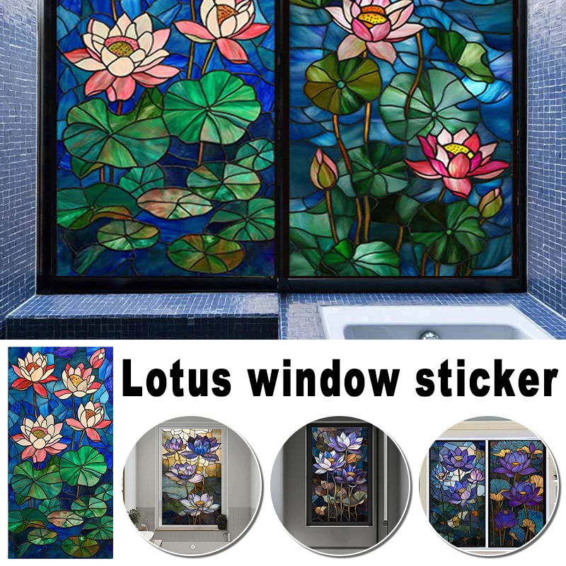 

Retro Lotus Colored Glass Film for Window Door Pvc Privacy Stained Decorative Film Static Adsorption Home Bathroom Decor Sticker