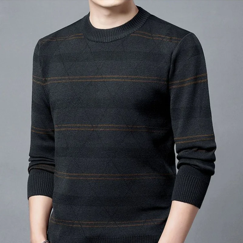 Autumn Winter Thicken Men Clothing Stripe Sweater Korean New Jacquard Long Sleeve Fashion Casual Knitted Pullover Bottoming Tops