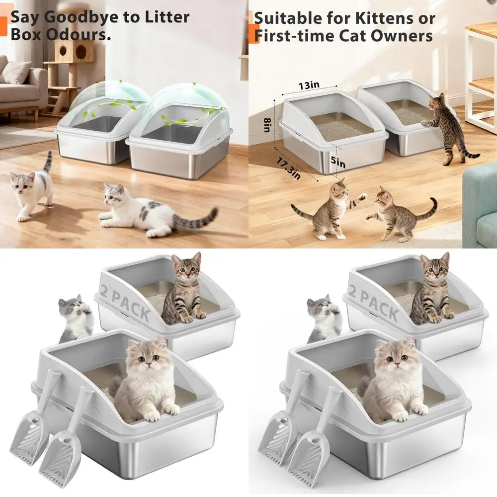

High-Sided Stainless Steel Litter Box with Lid for Cats, Ideal for Small or Injured Felines, Bunny Boxes, Low Entry, Odorless, N