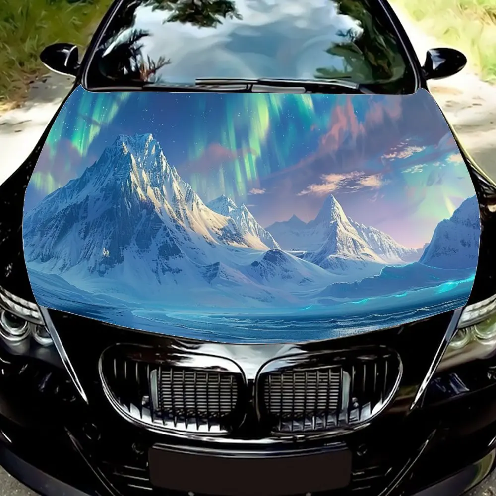 Green Aurora Snow Mountain Print Car Hood Wrap Color Vinyl Sticker Truck Graphic Bonnet DIY Auto Accessories Decor Decal Gift