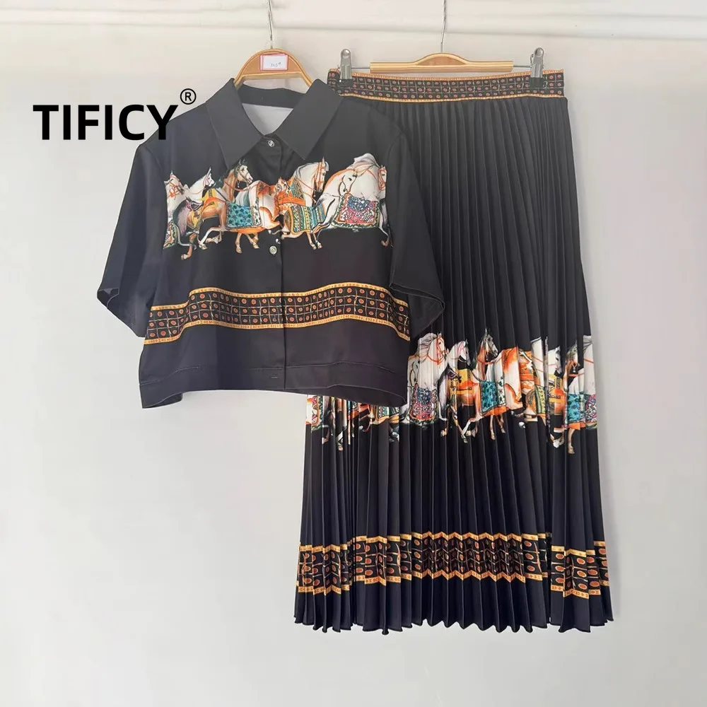 High Street 2pcs Set Women's Retro Geometric Printed Short Shirt Two-piece Set Summer+high Waisted Pleated Skirt Set