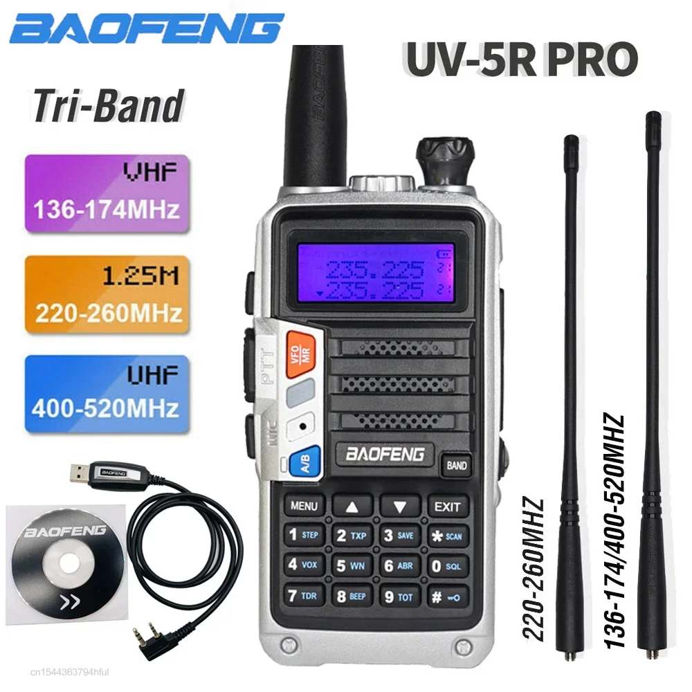 

Baofeng UV-5R Pro Walkie Talkie Tri Band 220-260 МГц VHF UHF 2-стороннее радио Мощный портативный трансивер с двойной антенной UV5R Pro