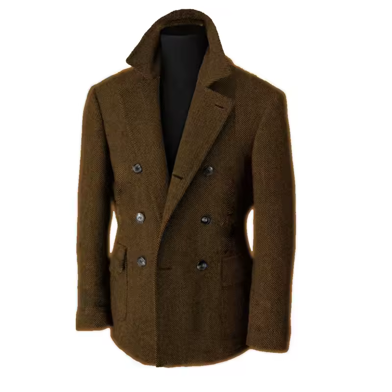 British Men's Blazers Vintage Herringbone Tweed Formal Jacket Wool Blend Double Breasted Casual Autumn Winter Suit Coat - Image 9